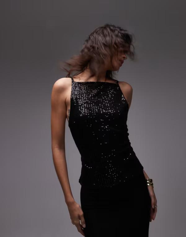 エイソス レディース トップス タンクトップ スパンコール ASOS DESIGN sequin boat neck cami top with tie back Black ブラック