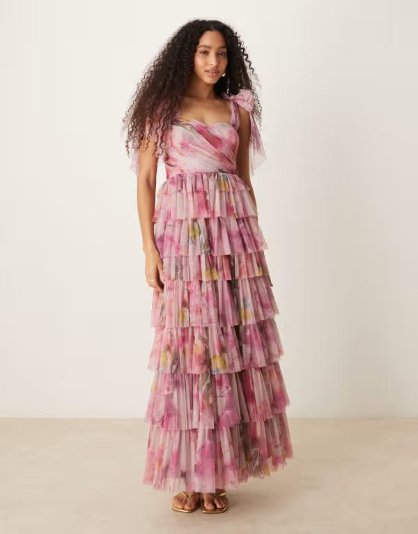 レース アンド ビーズ レディース トップス ワンピース チュール ティアード フラワー柄 マキシ フラワー Lace & Beads bow shoulders tiered tulle maxi dress floral Pink Floral ピンク