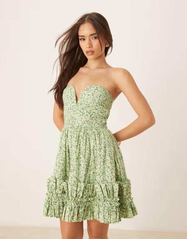 レース アンド ビーズ レディース トップス ワンピース フリル裾 フリル ミニ コットン Lace & Beads bandeau cotton ruffle hemini dress daisy Green Daisy Cotton グリーン|ReVida 店