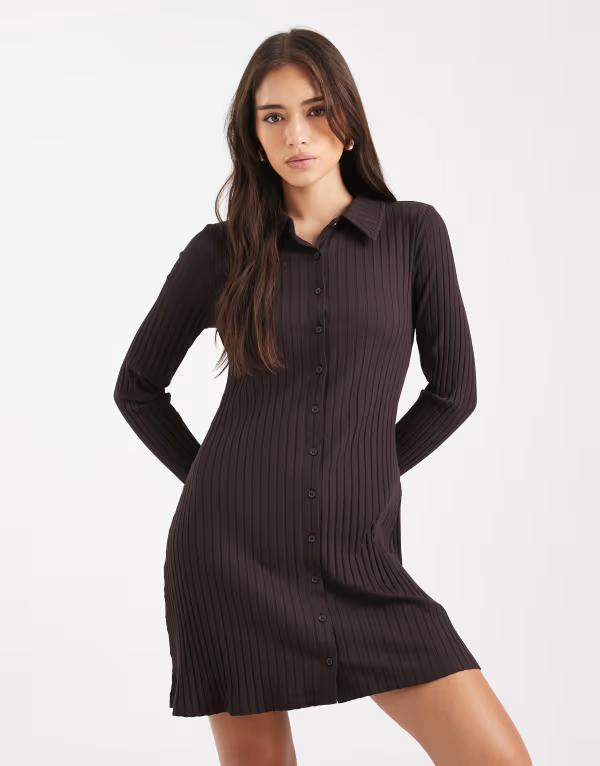 ミスセルフフリッジ レディース トップス ワンピース ポロシャツ リブ ミニ Misselfridge ribbed polo button up mini dress in chocolate チョコレート