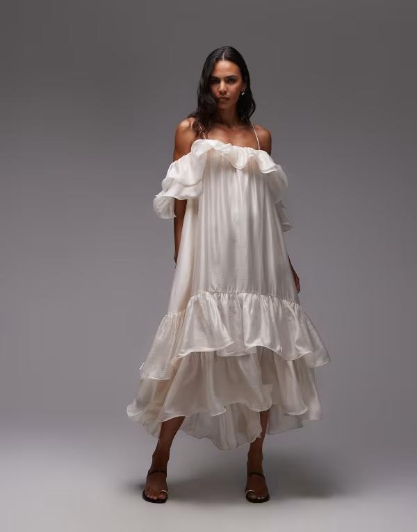 アンドアザーストーリーズ レディース トップス ワンピース フリル & Other Stories midaxi dress with off shoulder andouble ruffle detail white ホワイト