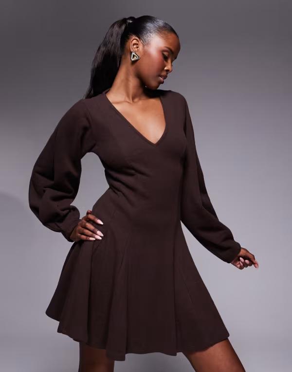 エイソス レディース トップス ワンピース Vネック ミニ ASOS DESIGN supersoft v-neck fit and flare mini dress with seam detailing in chocolate チョコレート