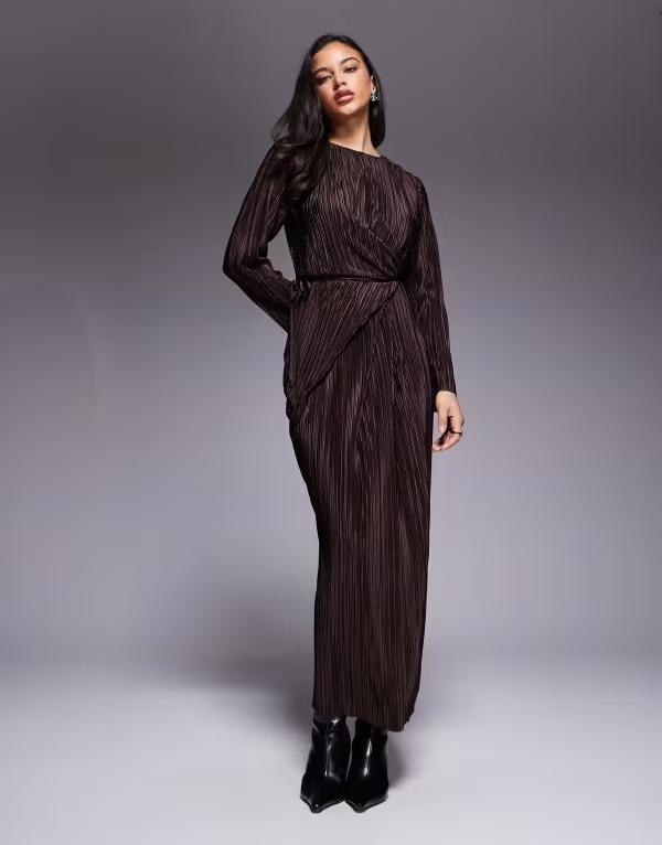 エイソス レディース トップス ワンピース マキシ ASOS DESIGN plisse long sleeve wrap tie waist maxi dress in chocolate チョコレート