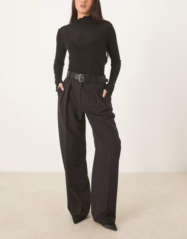 エイソス レディース ボトムス カジュアルパンツ ワイドレッグ ASOS DESIGN tailored belted wide leg pants with pleat detail black ブラック