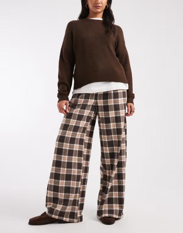 オブジェクト レディース ボトムス カジュアルパンツ ワイドレッグ Object wide leg textured plaid pantseal Brown Plaid ブラウン