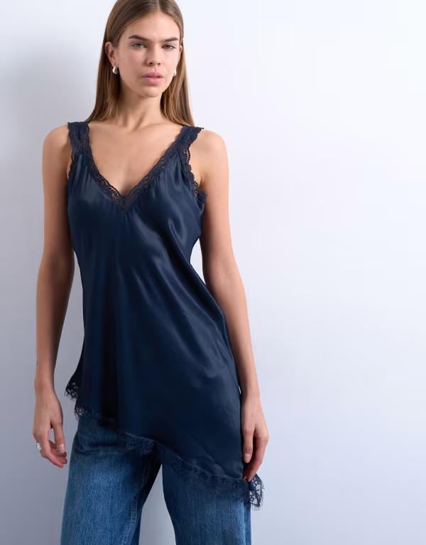 トップショップ レディース トップス タンクトップ サテン レース Topshop satin lace insertunic top Navy ネイビー