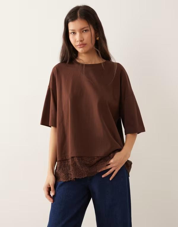 エイソス レディース トップス シャツ レーストリム レース ASOS DESIGN lace trim detail oversized tee in chocolate BROWN ブラウン