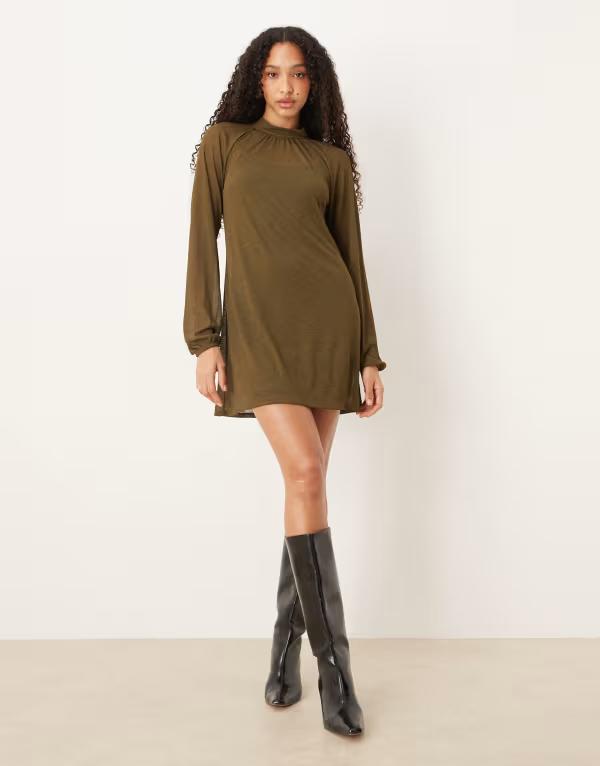 エイソス レディース トップス ワンピース バルーンスリーブ ハイネック ミニ ASOS DESIGN high neck balloon sleeve mini dress Khaki カーキ