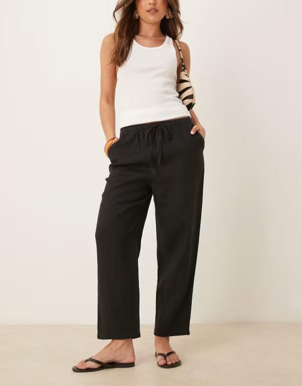 マンゴ レディース ボトムス カジュアルパンツ リネン Mango tie waist linen pants Black ブラック