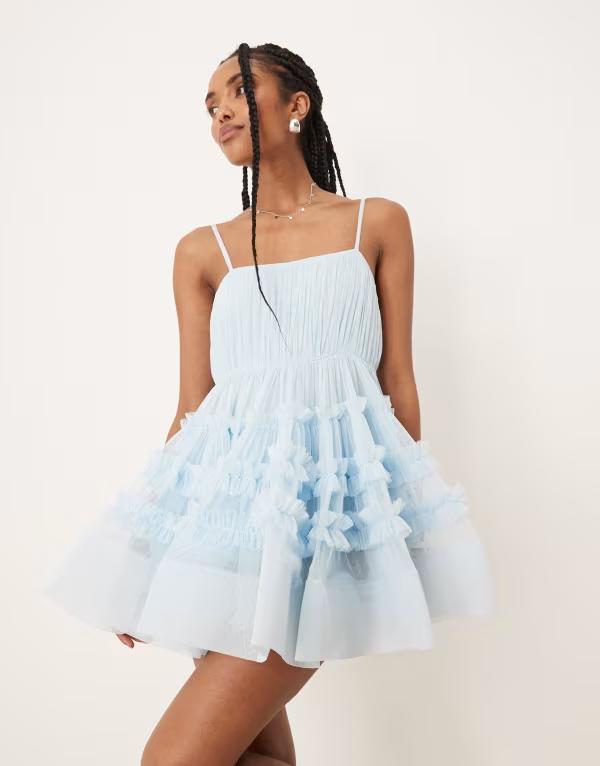 レース アンド ビーズ レディース トップス ワンピース チュール フリル ミニ ボディースーツ Lace & Beads tulle ruffle babydoll bodysuit mini dress in baby Blue ブルー