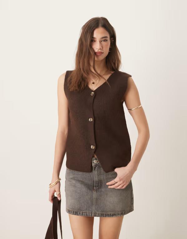 スリードベア レディース トップス 限りない 名取り草落ち込む 編み物 Threadbare button down knit vest インチ chocolate BROWN 赤銅色