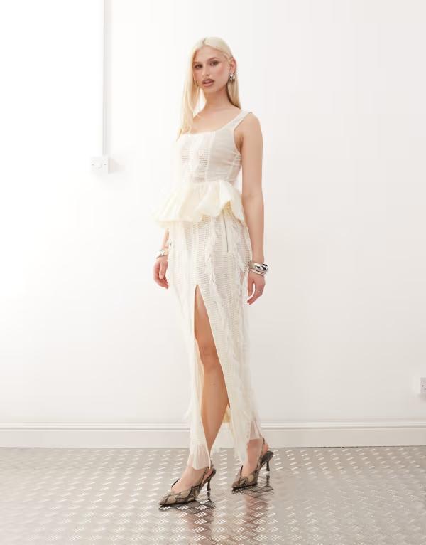エイミー・リー レディース 下つ方スコート 態度細長い切口 マキシ Amy Lynn Calla textured side slit maxi skirt - part of a set IVORY 象牙色