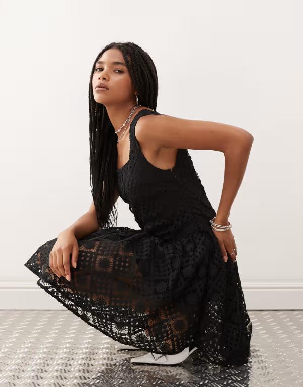 エイミー・リー レディース トップス ワンピース ミニ Amy Lynn crochet skater mini dress Black ブラック｜ReVida 店