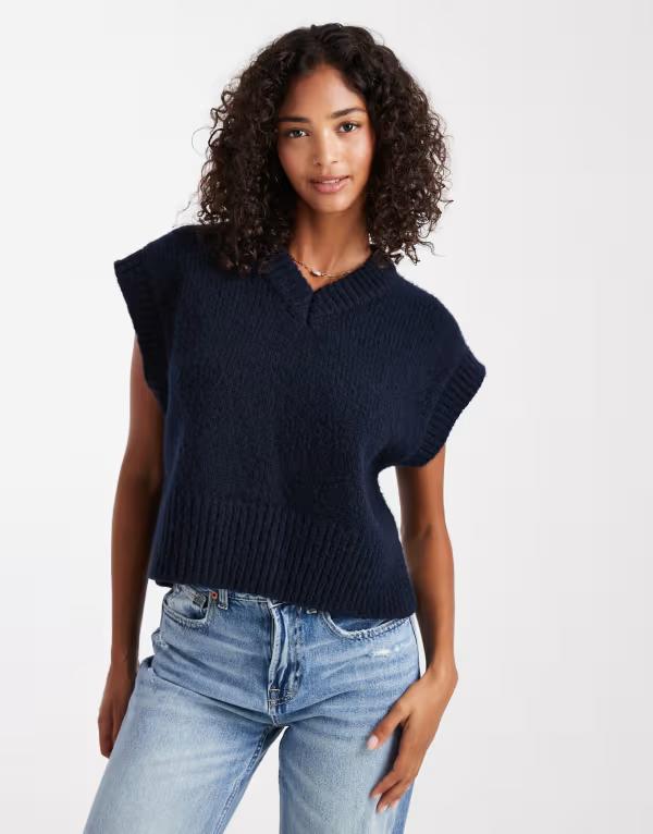 エイソス レディース トップス タンクトップ Vネック ASOS DESIGN boxy fluffy V-neck tank Navy ネイビー