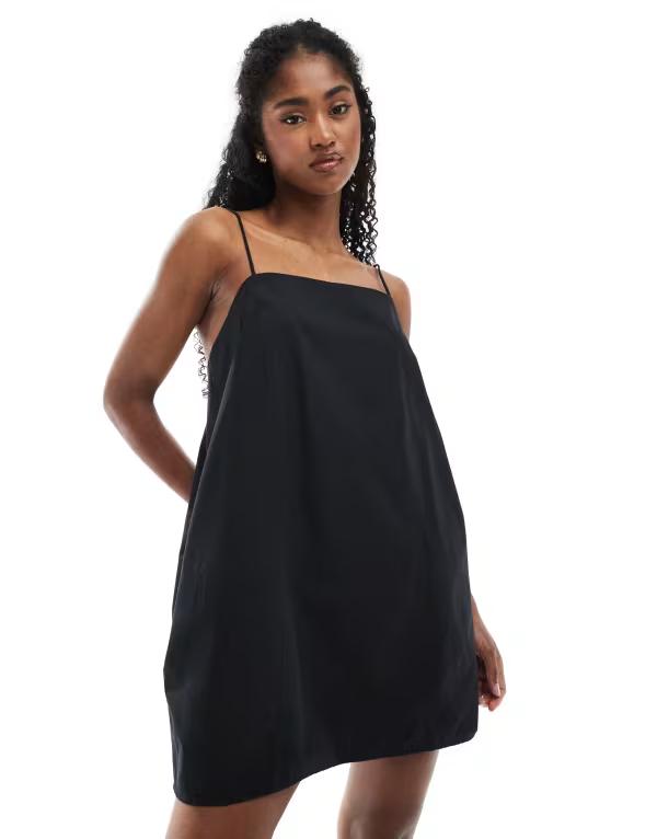 モンキ レディース トップス ワンピース ミニ コットン Monki cotton poplin mini dress with tie straps Black ブラック|ReVida 店