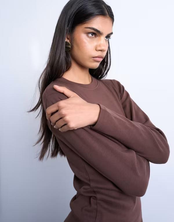 トップショップ レディース トップス Tシャツ Topshop long sleeveryday tee in chocolate BROWN ブラウン｜ReVida 店