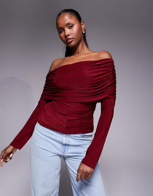 エイソス レディース トップス シャツ ドレープ ASOS DESIGN slinky drape bardot long sleeve top Burgundy バーガンディ 9,235円