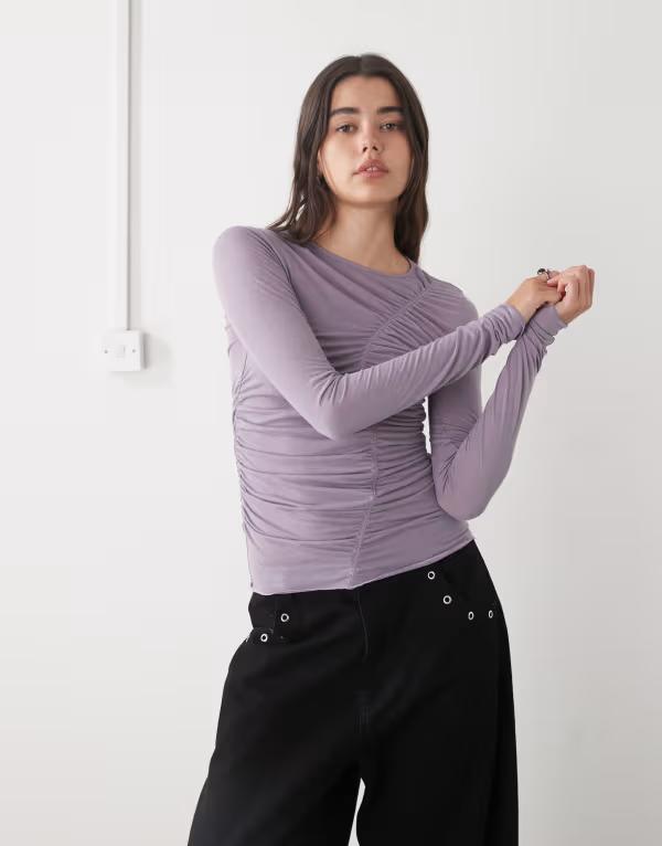 モンキ レディース トップス シャツ スリムフィット シアー Monki slim fit sheer top with front detail in lilac ライラック