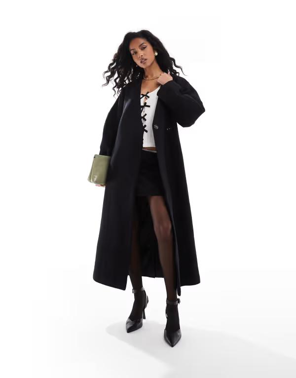エイソス レディース アウター 厚地の外套 絨毛 ASOS DESIGN collarless nipped waist wool mix coat Black 黒いこと レディースファッション-コート・ジャケット