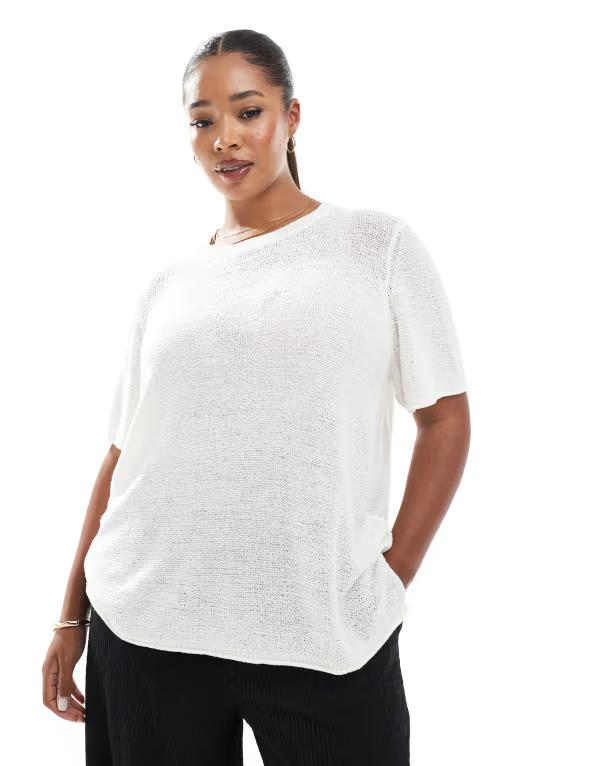 オンリーカーブ レディース トップス Tシャツ ニット ONLY Curve short sleeve knitop in cream Cloudancer クリーム｜ReVida 店
