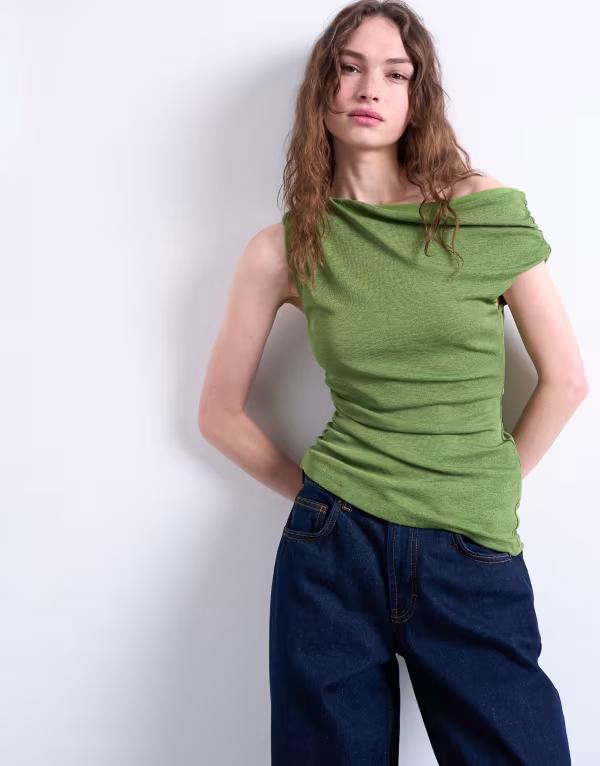 トップショップ レディース トップス ベスト アシンメトリー ドレープ Topshop draped asymmetric shoulder top GREEN グリーン