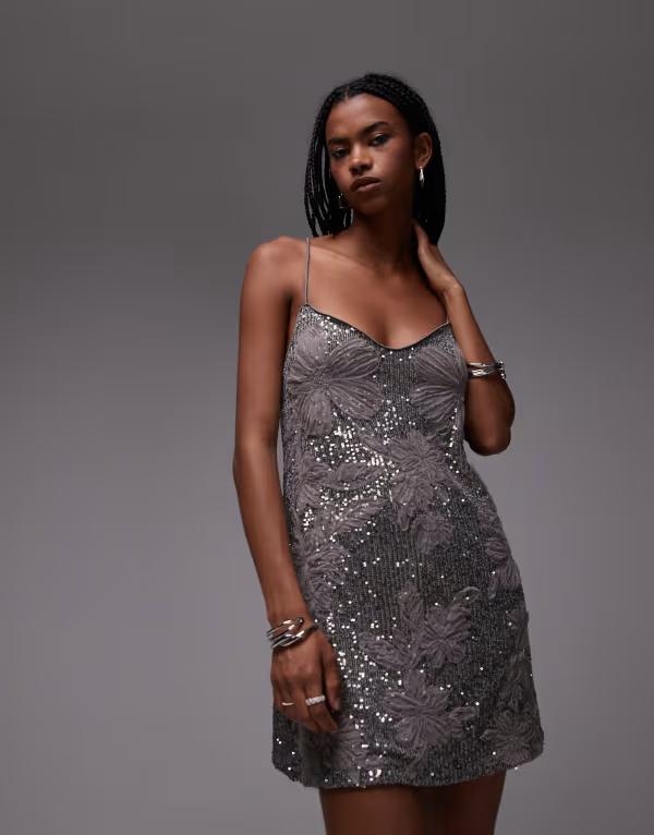エイソス レディース トップス 衣装 御花柄 ミニ スパンコール 御花 ASOS DESIGN sequin floral camini swing dress with floral embroidery インチ charcoal Silver しろがね色