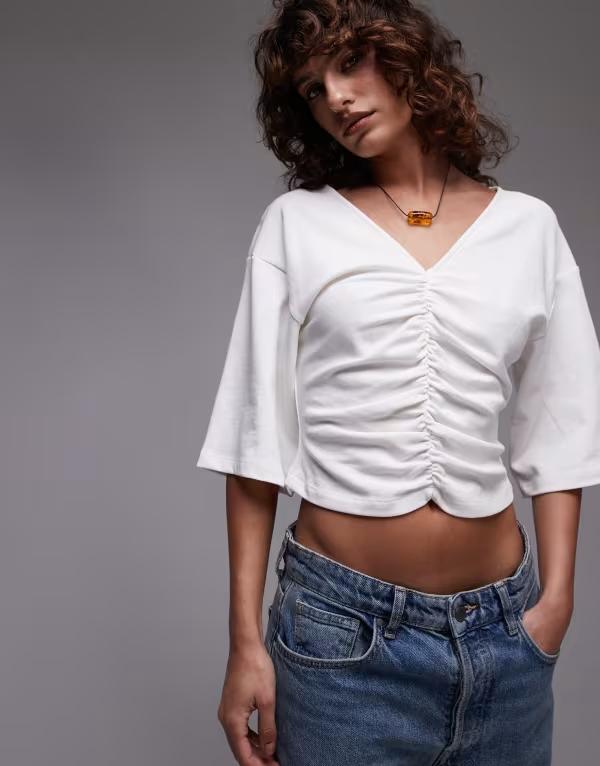 トップショップ レディース トップス Tシャツ Vネック ギャザー Topshop ruched v-neck short sleeve top IVORY アイボリー
