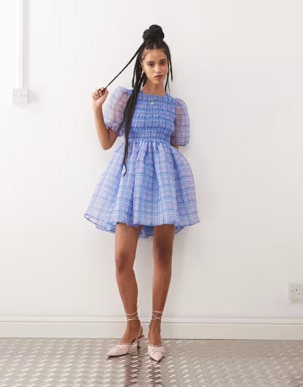 エイミー・リー レディース トップス ワンピース カットアウト ミニ Amy Lynn organza bubble mini dress with cut out back plaid Purple Check パープル｜ReVida 店