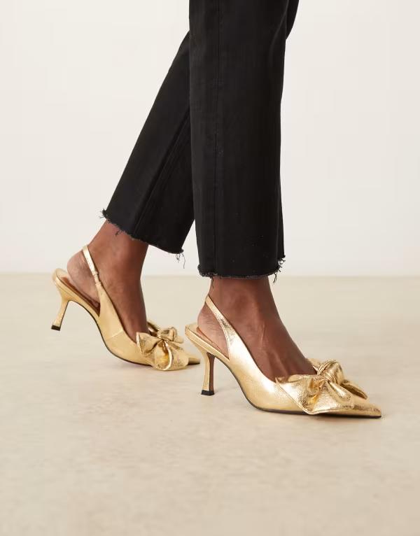 エイソス レディース シューズ ヒール ASOS DESIGN Wide Fit Saffron bow detail mid heel shoes GOLD ゴールド