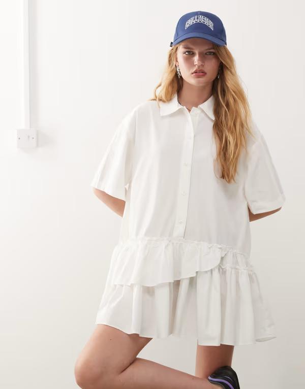 モンキ レディース トップス ワンピース ティアード シャツ Monki short sleeve shirt dress with tiered hem White ホワイト｜ReVida 店