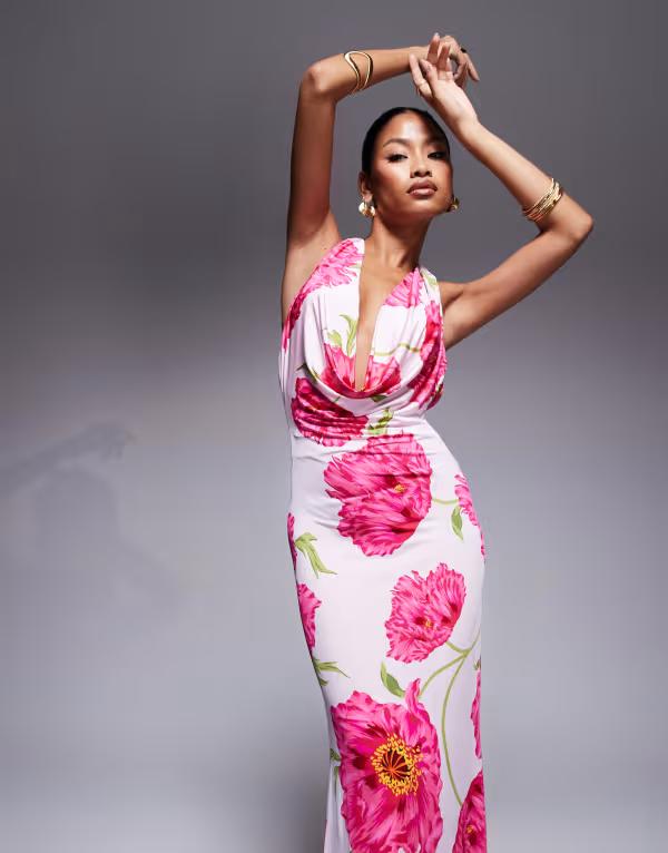 エーエフアールエム レディース トップス ワンピース フラワー柄 ニット マキシ フラワー ホルター AFRM knit cowl halter neck maxi dress floral Oversized Peony ピンク