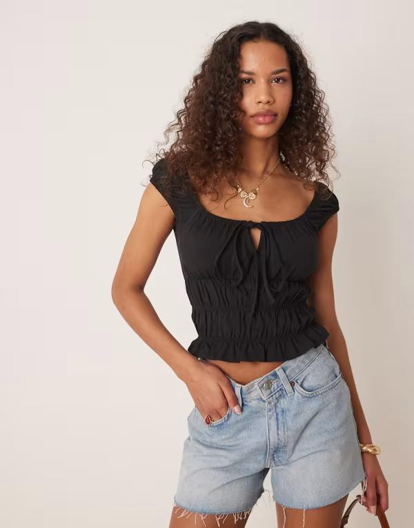 エイソス レディース トップス Tシャツ ASOS DESIGN milkmaid short sleeve top Black ブラック