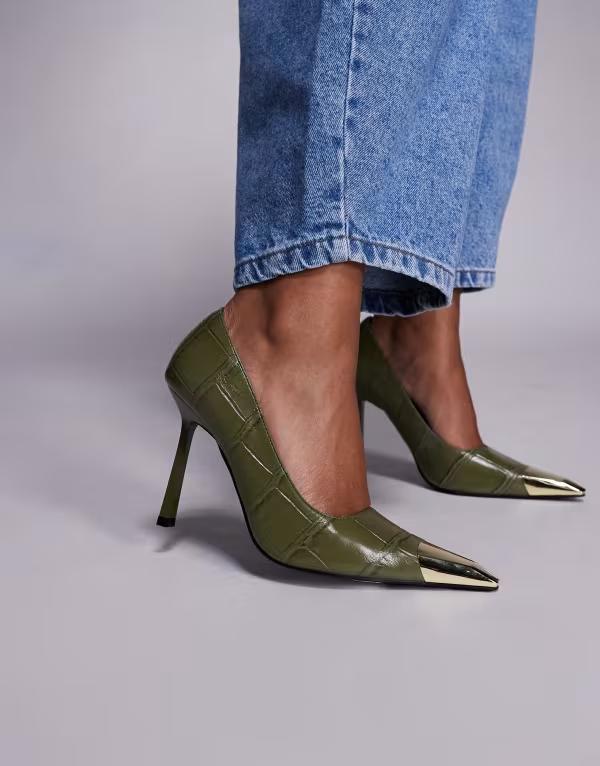 パブリックデザイア レディース シューズ パンプス キャップ ヒール Public Desire Rotate heeled pumps croc with gold toe caps Green croc グリーン