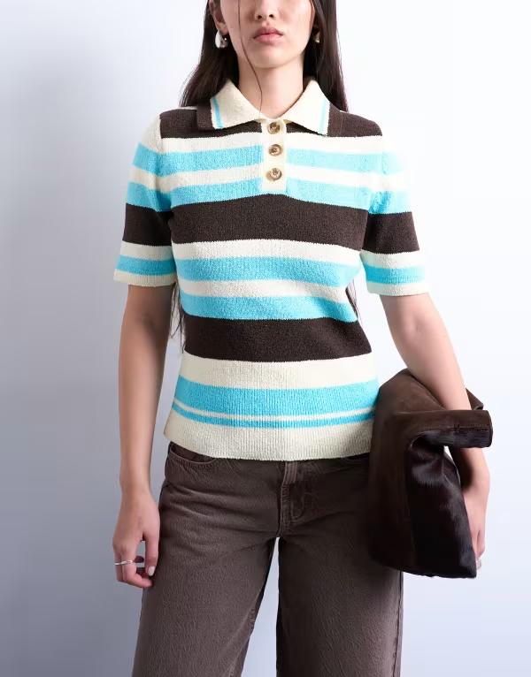 トップショップ レディース トップス タンクトップ ポロシャツ ニット Topshop knit cinched polo top in multi stripes Multi マルチカラー｜ReVida 店