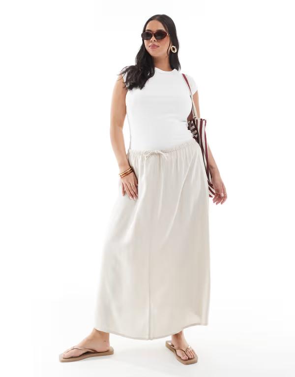 オンリーカーブ レディース ボトムスカート ハイウエスト リネン マキシ ONLY Curve linen mix high waist maxi skirt in stone ストーン｜ReVida 店