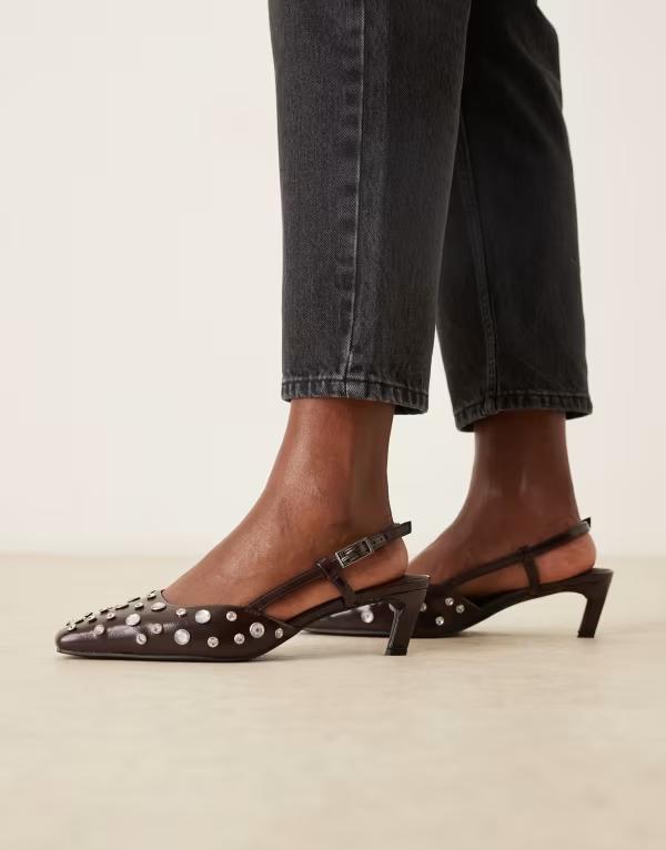 エイソス レディース シューズ ヒール ASOS DESIGN Wide Fit Shadow embellished chisel toe slingback mid heel shoes in chocolate Gembellished チョコレート