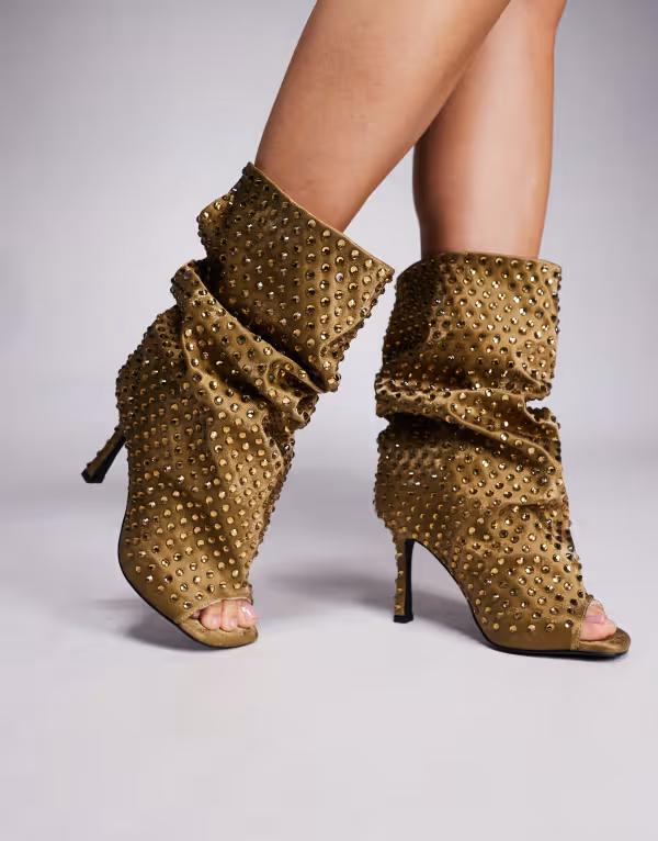 アザレア ワン レディース シューズ ブーツ・レインブーツ ヒール Azalea Wang Rozsi studded peep toe higheel boots in bronze
