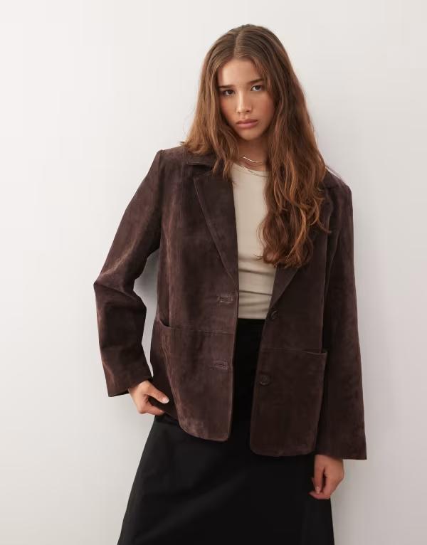 リクレイム ヴィンテージ レディース アウター ジャケット・ブルゾン スエード ブレザー Reclaimed Vintage oversized real suede blazer in chocolate BROWN ブラウン