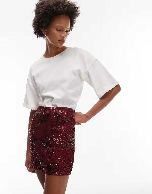 エイソス レディース 下つ方スコート お花柄 ミニ スパンコール お花 ASOS DESIGN florallover sequins mini skirt Burgundy バーガンディ スカート-レディースファッション-ボトムス