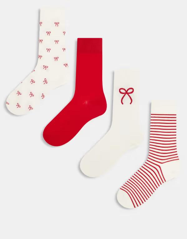 リンデックス レディース アンダーウェア 靴下 プリント Lindex 4 pack printed socks with glitter detailing Red レッド