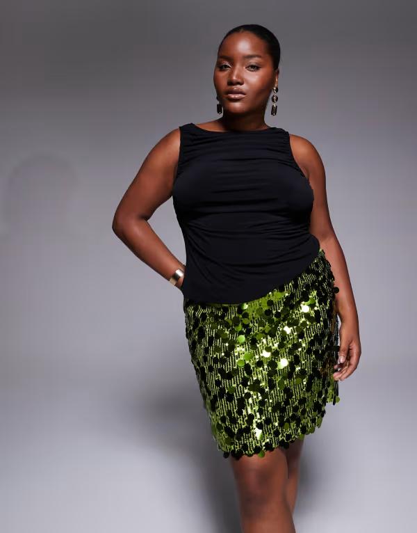 エイソス レディース ボトムスカート ミニ スパンコール ASOS Curve ASOS DESIGN Curve mixed sequin mini skirt Green グリーン