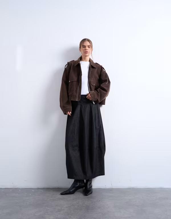 とっ始め販売店 レディース 下つ方スコート ジーンズ マキシ Topshop denim seamed barrel fit maxi skirt Black 黒いこと