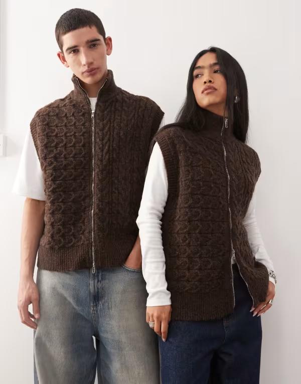リクレイム ヴィンテージ レディース アウター カーディガン ニット Reclaimed Vintage unisex zip up cable knitank Brown ブラウン