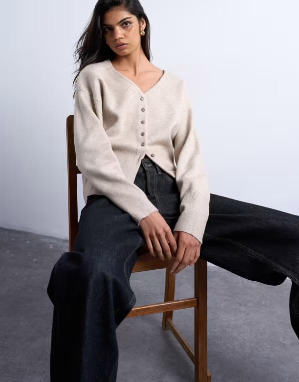 トップショップ レディース アウター カーディガン Vネック ニット Topshop knit v neck longline compact fitted waist cardigan in oat