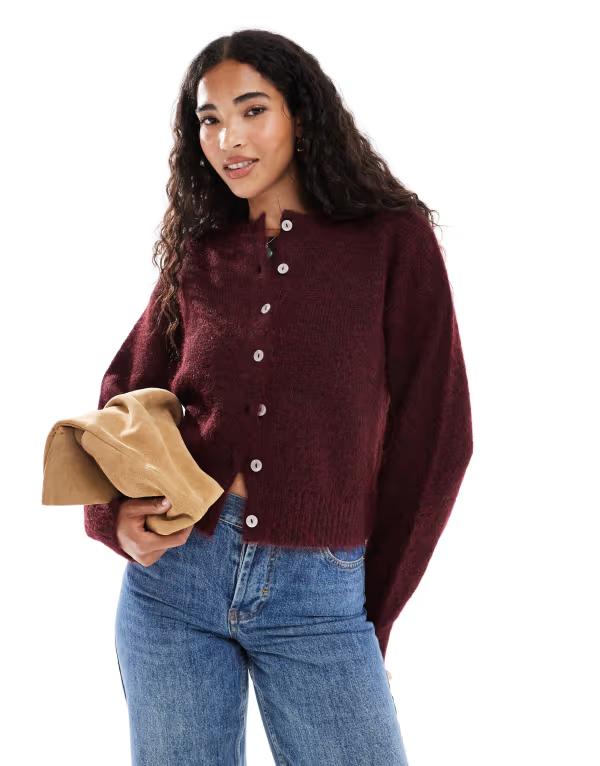 コットンオン レディース アウター カーディガン クルーネック Cotton lofty luxe crew neck cardigan in deepomegranate DEEPOMEGRANATE