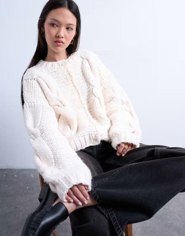 とっ始め販売店 レディース アウター ジレー 編み物 Topshop knit premium chunky 2-tone cardigand ecru Mono エクリュ