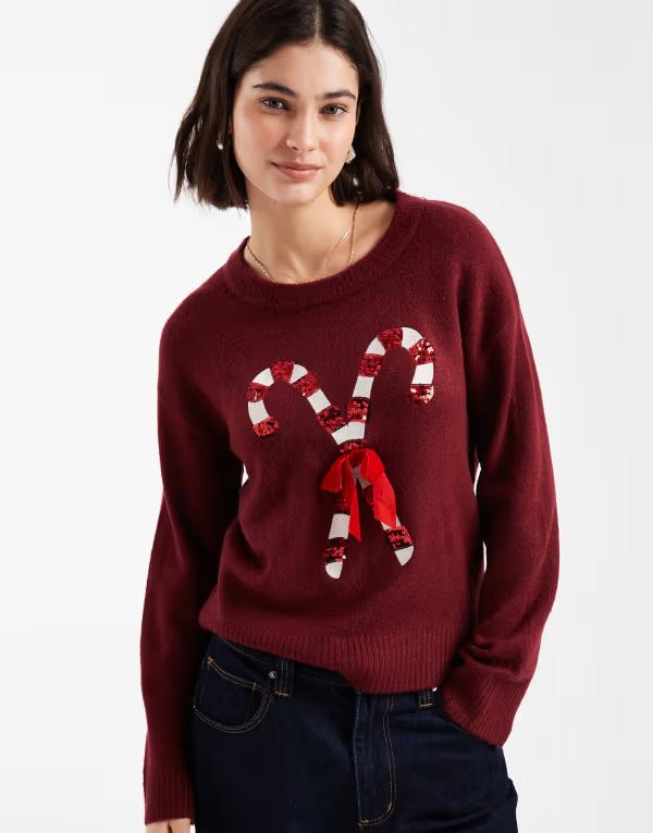 ブレーブソウル レディース アウター ニット・セーター スパンコール Brave Soul oversized Christmasweater with sequin candy cane detail Burgundy バーガンディ