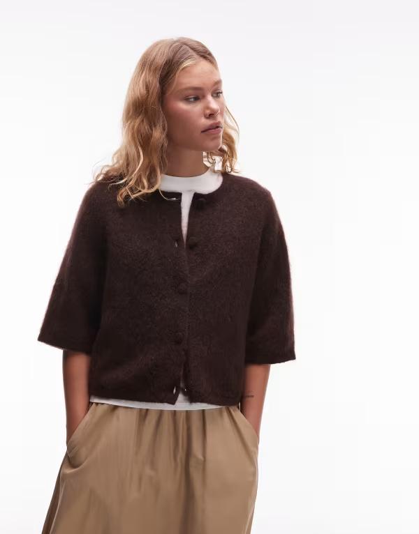 アンドアザーストーリーズ レディース アウター ジレー \u0026 Other Stories mohair blend cardigan with short sleeves BROWN 赤銅色
