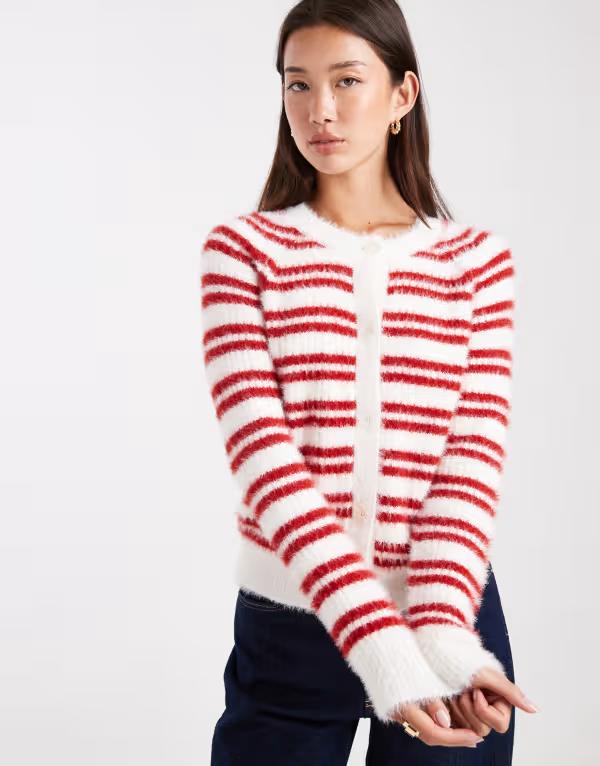 スリードベア レディース アウター ジレー 労働者の一団のど首 Threadbare crew neck fluffy cardigan インチ ecru and red stripes ECRU エクリュ レディースファッション-カーディガン・ボレロ