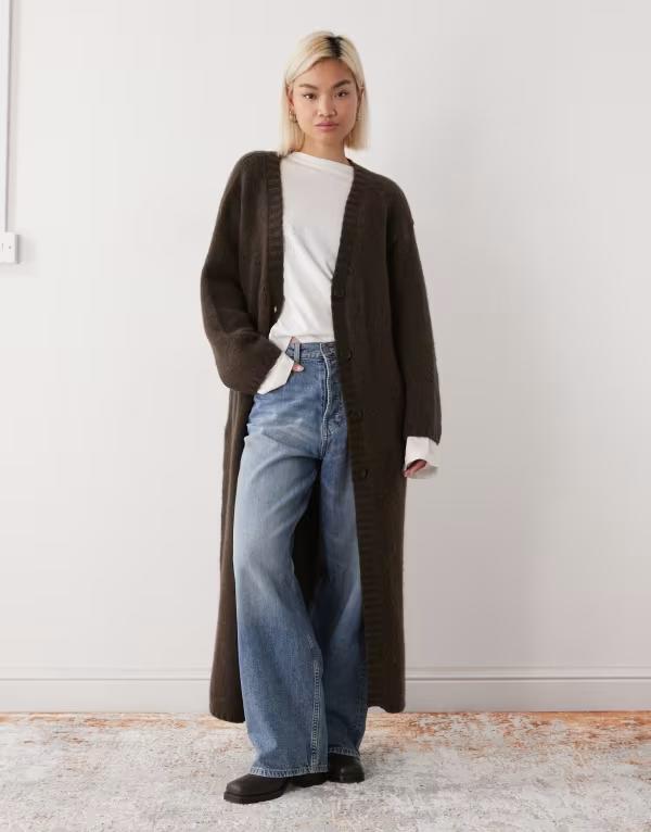 モンキ レディース アウター ジレー マキシ Monki chunky maxi cardigan インチ chocolate Brown 赤銅色